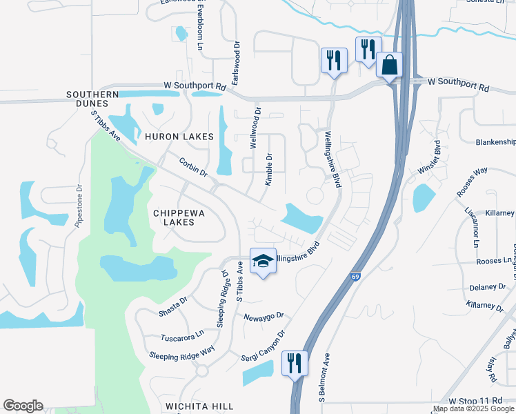 map of restaurants, bars, coffee shops, grocery stores, and more near 2643 Dawnlake Drive in Indianapolis