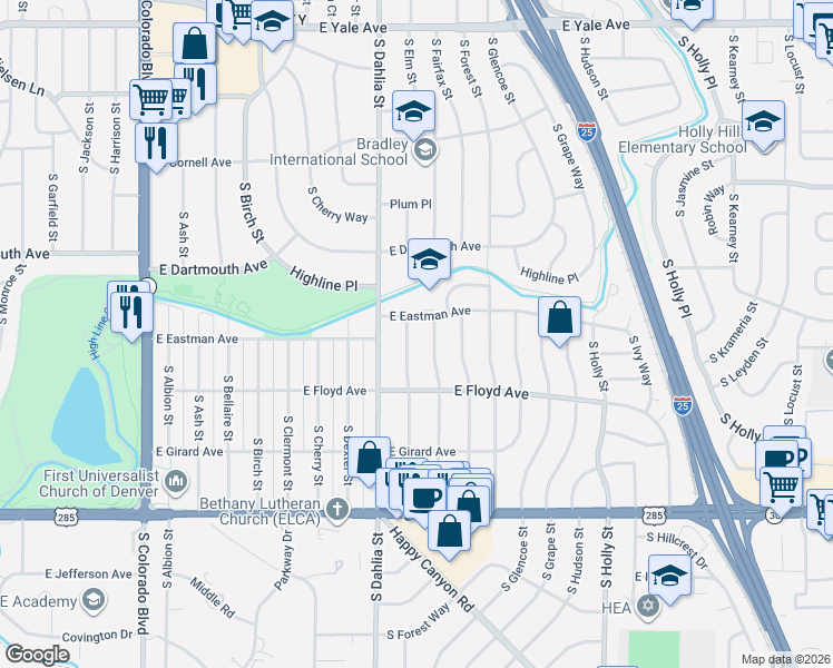 map of restaurants, bars, coffee shops, grocery stores, and more near 3217 South Elm Street in Denver