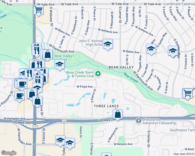 map of restaurants, bars, coffee shops, grocery stores, and more near 3180 South Pierce Street in Lakewood