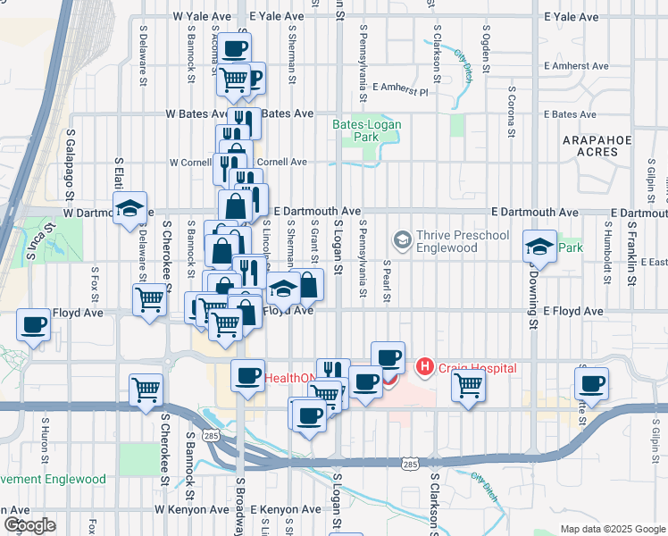 map of restaurants, bars, coffee shops, grocery stores, and more near 3211 South Logan Street in Englewood