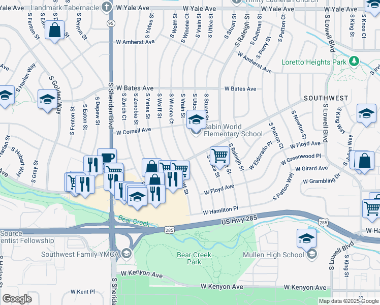 map of restaurants, bars, coffee shops, grocery stores, and more near 3083 South Vrain Street in Denver