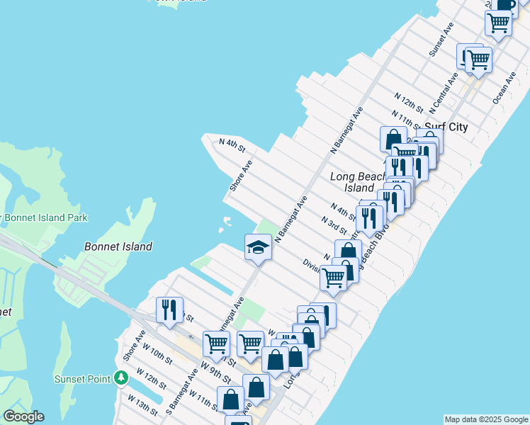 map of restaurants, bars, coffee shops, grocery stores, and more near 337 N 1st St in Surf City