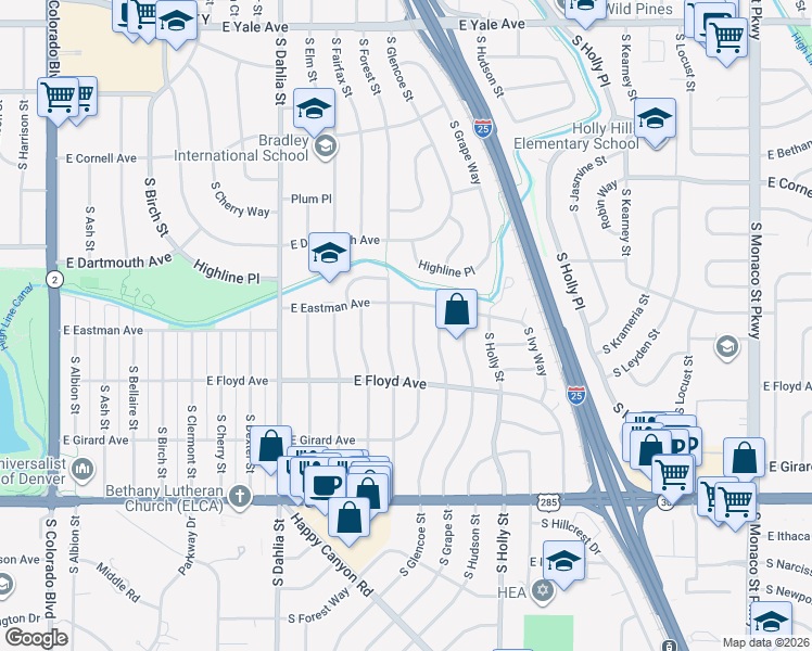 map of restaurants, bars, coffee shops, grocery stores, and more near 3227 South Flamingo Way in Denver
