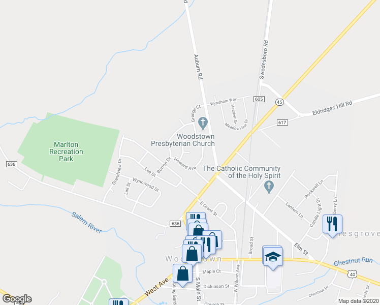 map of restaurants, bars, coffee shops, grocery stores, and more near 4 Guernsey Place in Woodstown