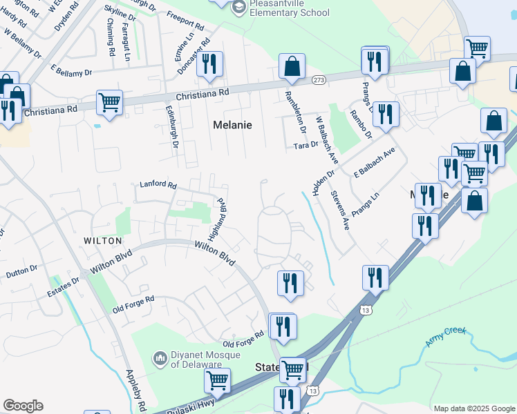 map of restaurants, bars, coffee shops, grocery stores, and more near 405 Stonebridge Boulevard in New Castle