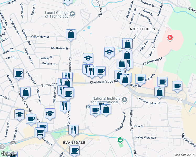 map of restaurants, bars, coffee shops, grocery stores, and more near 779 Chestnut Ridge Road in Morgantown