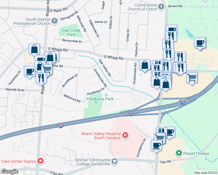 map of restaurants, bars, coffee shops, grocery stores, and more near 5732 Overbrooke Road in Dayton