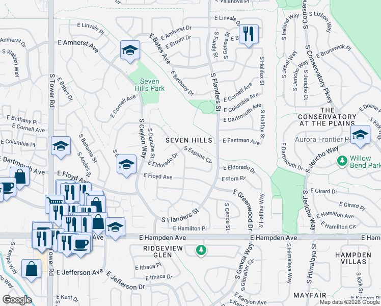 map of restaurants, bars, coffee shops, grocery stores, and more near 3234 South Espana Circle in Aurora