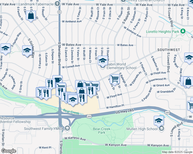map of restaurants, bars, coffee shops, grocery stores, and more near 3083 South Vrain Street in Denver