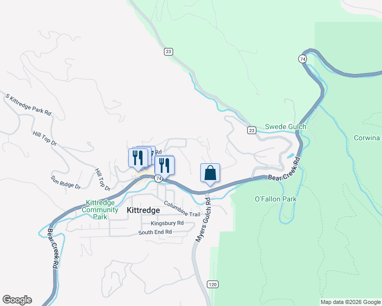 map of restaurants, bars, coffee shops, grocery stores, and more near 26268 Snowdrop Road in Evergreen
