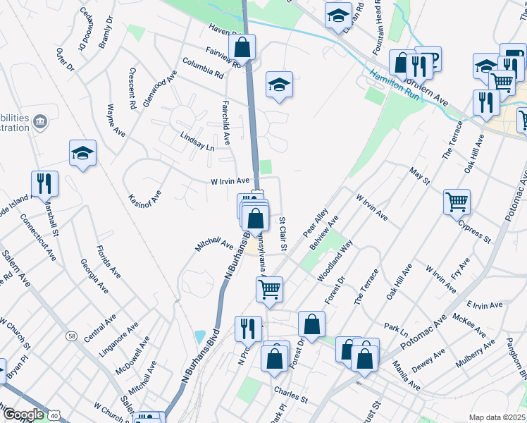map of restaurants, bars, coffee shops, grocery stores, and more near 1004 Pennsylvania Avenue in Hagerstown