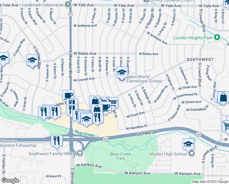 map of restaurants, bars, coffee shops, grocery stores, and more near 3083 South Vrain Street in Denver