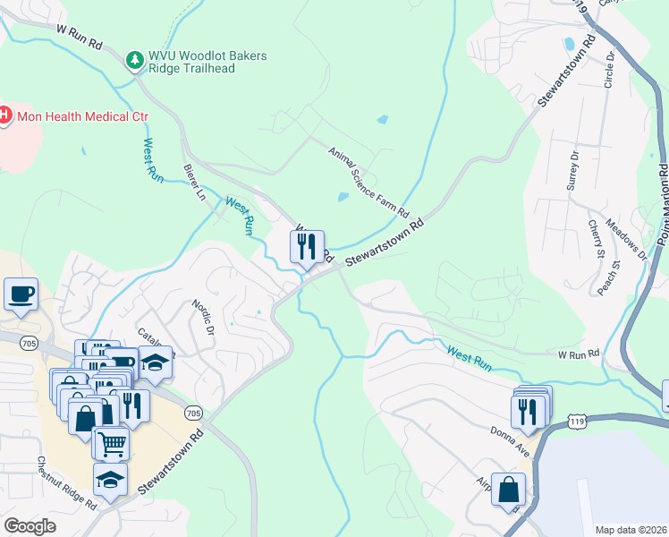 map of restaurants, bars, coffee shops, grocery stores, and more near County Route 67 in Morgantown