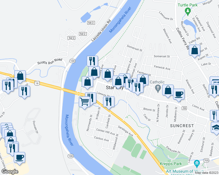 map of restaurants, bars, coffee shops, grocery stores, and more near 386 Crawford Avenue in Morgantown