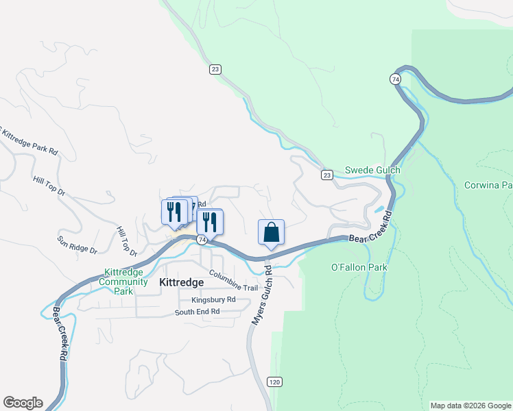 map of restaurants, bars, coffee shops, grocery stores, and more near 26268 Snowdrop Road in Evergreen