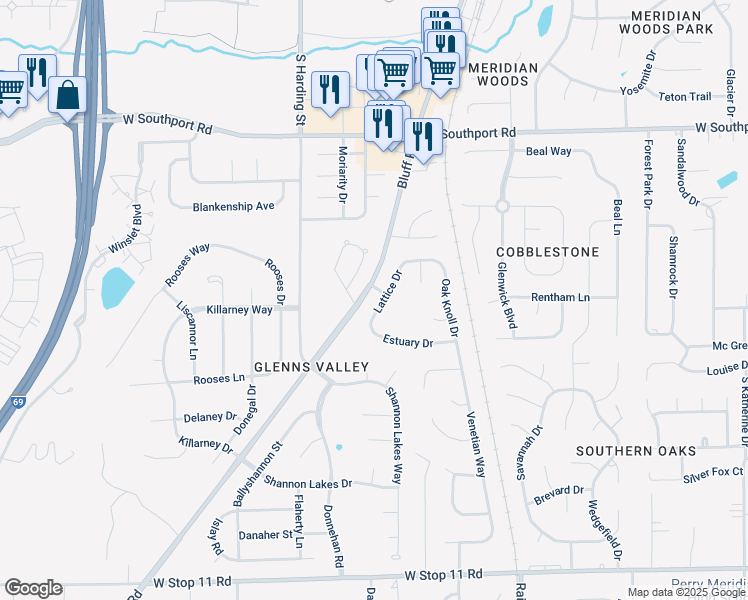 map of restaurants, bars, coffee shops, grocery stores, and more near 7364 Lattice Drive in Indianapolis