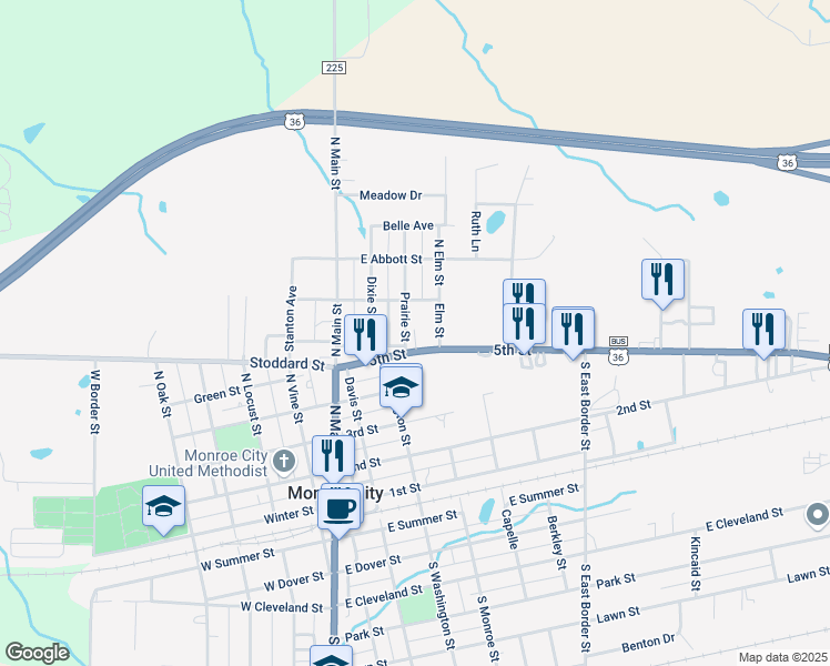 map of restaurants, bars, coffee shops, grocery stores, and more near 312 5th Street in Monroe City