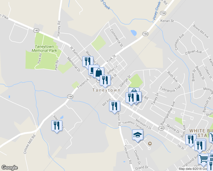 map of restaurants, bars, coffee shops, grocery stores, and more near 103 East Baltimore Street in Taneytown