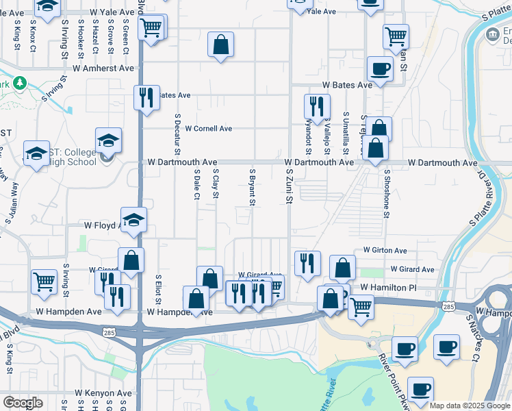 map of restaurants, bars, coffee shops, grocery stores, and more near 3200 South Bryant Street in Sheridan