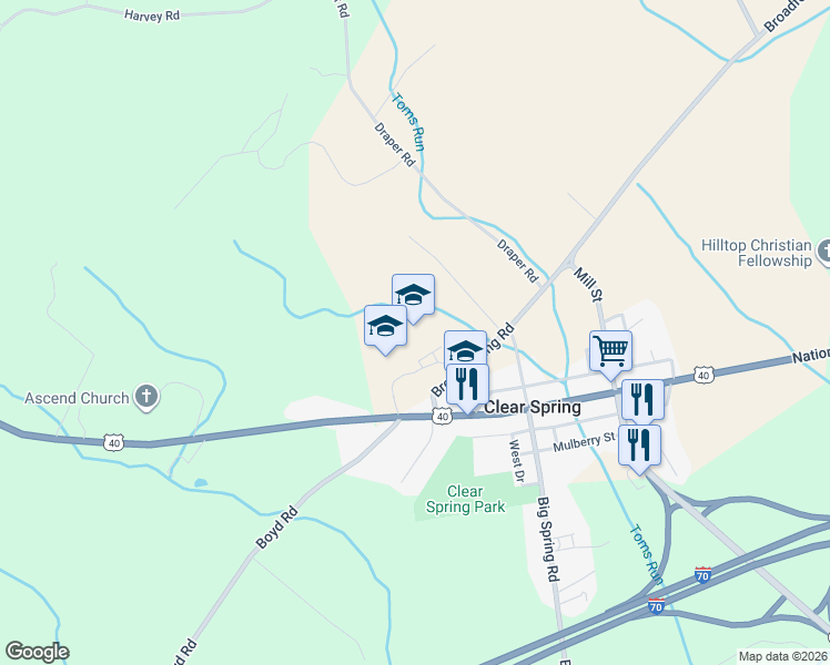 map of restaurants, bars, coffee shops, grocery stores, and more near 12628 Broadfording Road in Clear Spring