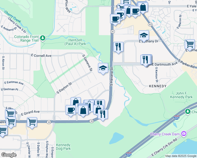 map of restaurants, bars, coffee shops, grocery stores, and more near 3386 South Geneva Street in Denver