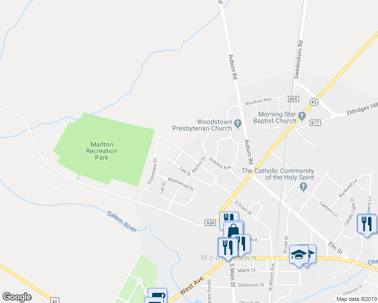 map of restaurants, bars, coffee shops, grocery stores, and more near 43 West Grant Street in Woodstown