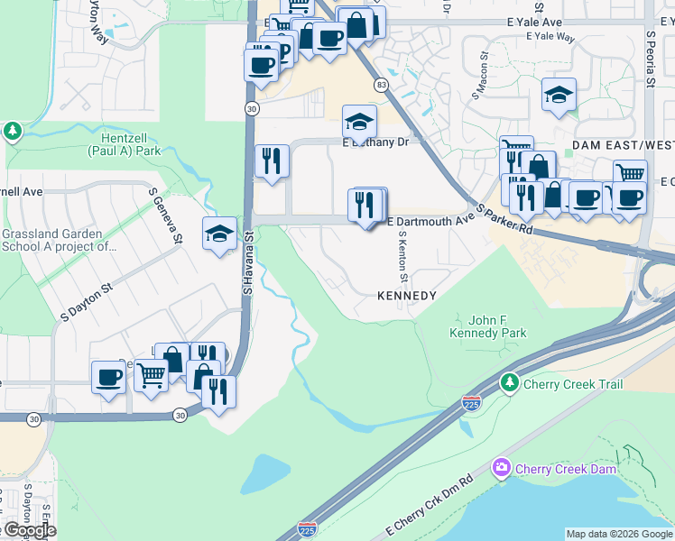 map of restaurants, bars, coffee shops, grocery stores, and more near 10700 East Dartmouth Avenue in Denver