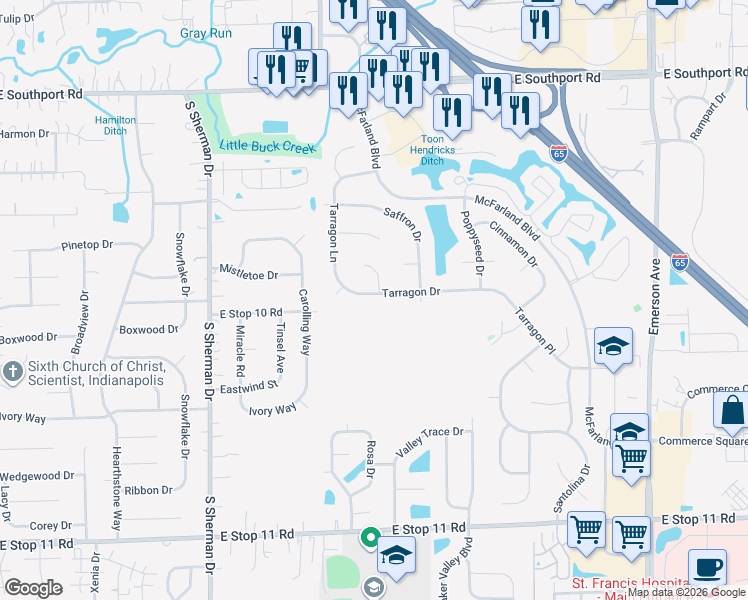 map of restaurants, bars, coffee shops, grocery stores, and more near 4315 Tarragon Drive in Indianapolis