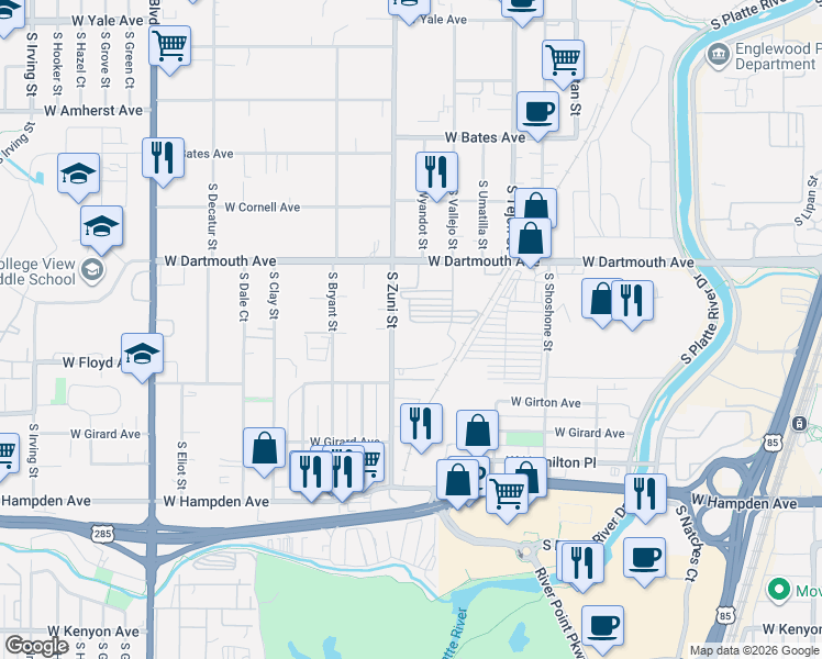 map of restaurants, bars, coffee shops, grocery stores, and more near 3200 South Zuni Street in Englewood