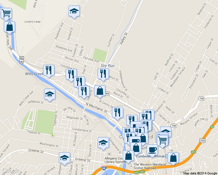 map of restaurants, bars, coffee shops, grocery stores, and more near 416 Columbia Street in Cumberland