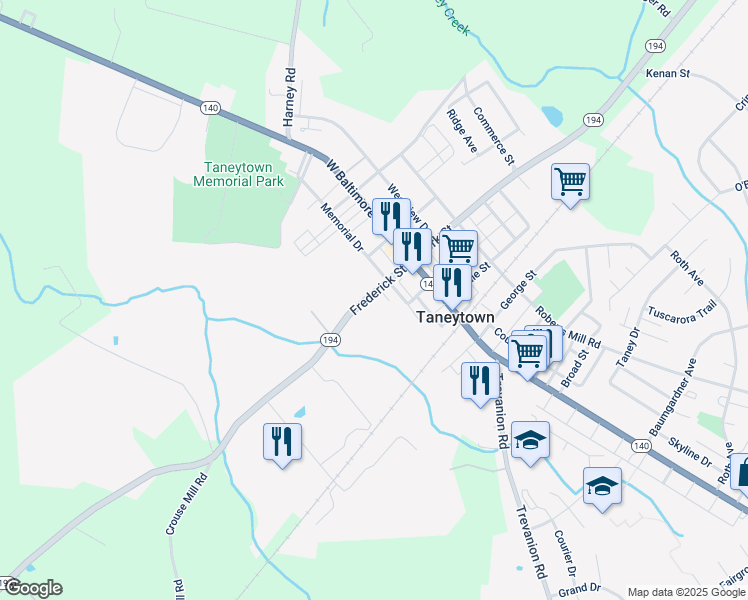map of restaurants, bars, coffee shops, grocery stores, and more near 49 Frederick Street in Taneytown