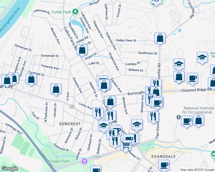 map of restaurants, bars, coffee shops, grocery stores, and more near 24 French Quarter Drive in Morgantown