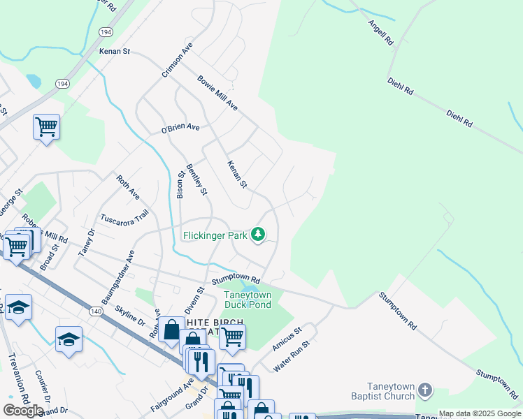 map of restaurants, bars, coffee shops, grocery stores, and more near 48 Bancroft Street in Taneytown