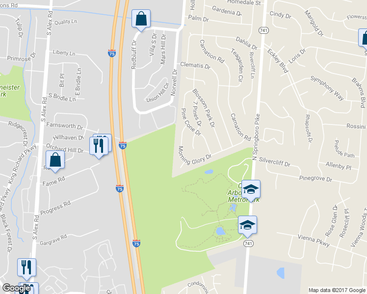 map of restaurants, bars, coffee shops, grocery stores, and more near 3441 Morning Glory Drive in Dayton