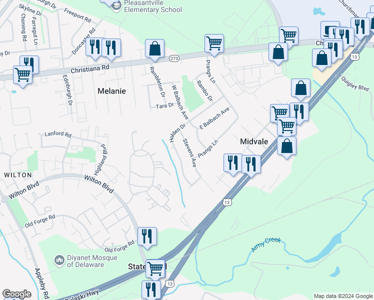map of restaurants, bars, coffee shops, grocery stores, and more near 26 Stevens Avenue in New Castle