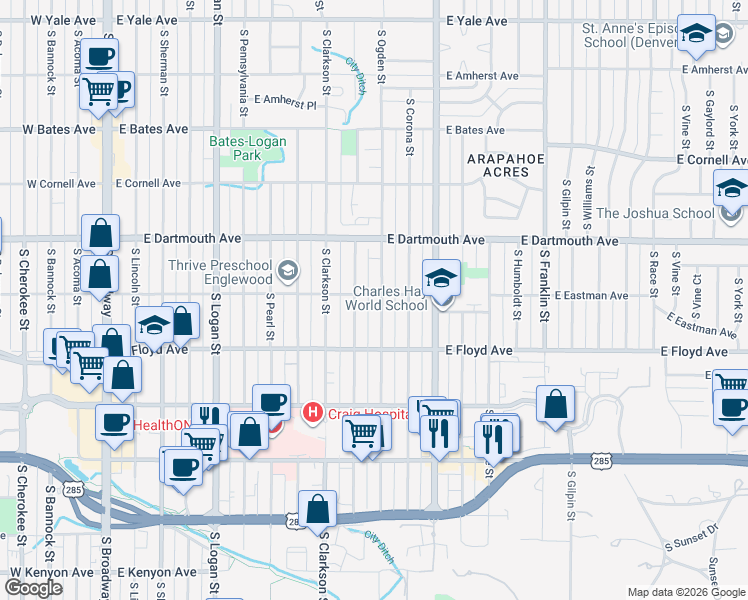 map of restaurants, bars, coffee shops, grocery stores, and more near 3201 South Ogden Street in Englewood