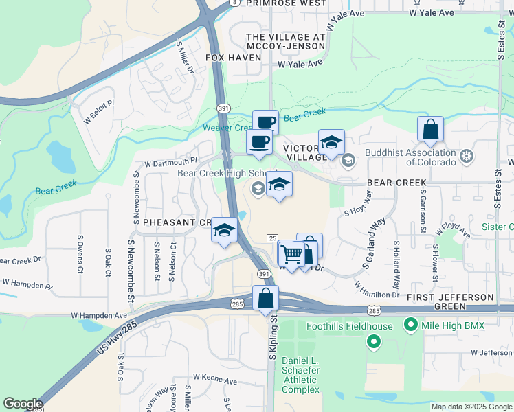 map of restaurants, bars, coffee shops, grocery stores, and more near 3125 South Kipling Street in Lakewood