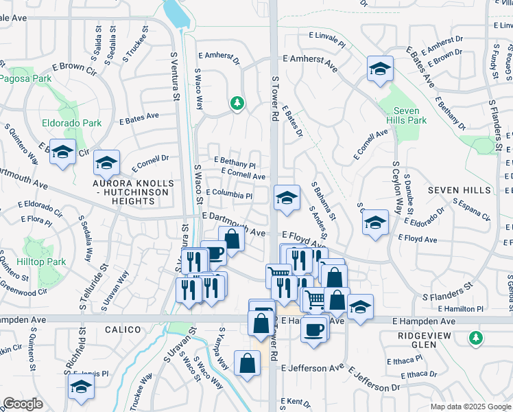 map of restaurants, bars, coffee shops, grocery stores, and more near 18495 E Columbia Cir in Aurora