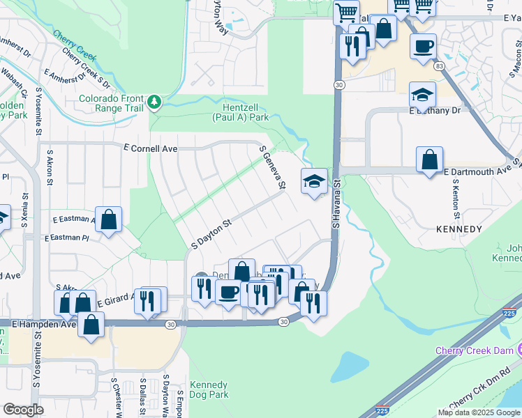 map of restaurants, bars, coffee shops, grocery stores, and more near 3300 South Fulton Court in Denver