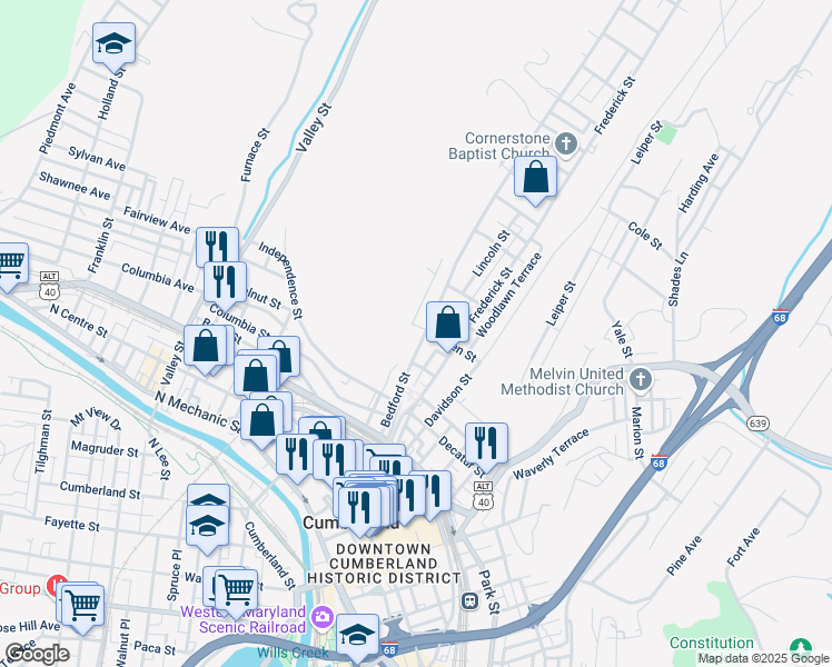 map of restaurants, bars, coffee shops, grocery stores, and more near 352 Bedford Street in Cumberland