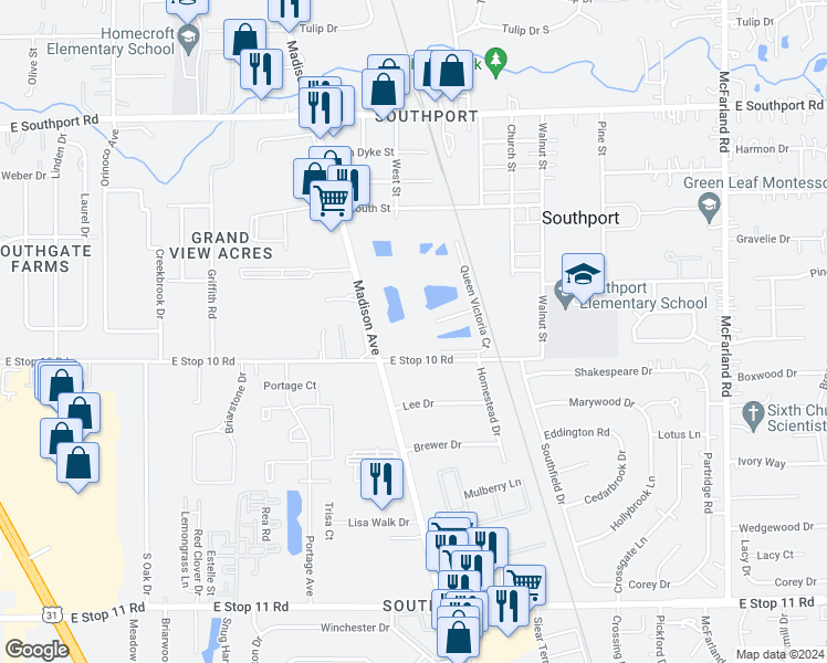 map of restaurants, bars, coffee shops, grocery stores, and more near 7465 Madison Avenue in Indianapolis