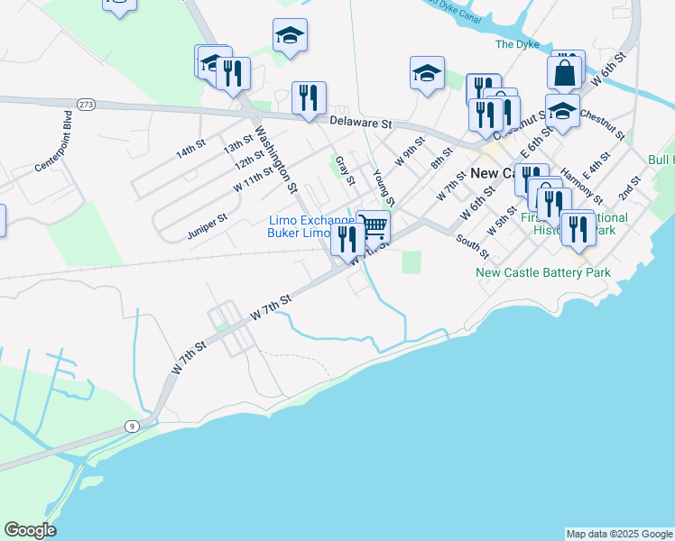 map of restaurants, bars, coffee shops, grocery stores, and more near in New Castle