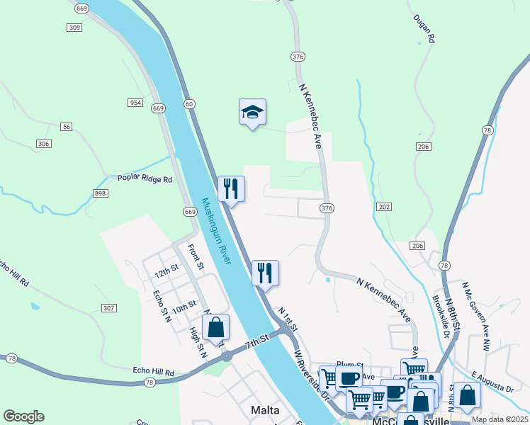 map of restaurants, bars, coffee shops, grocery stores, and more near 377 Oakwood Drive in McConnelsville