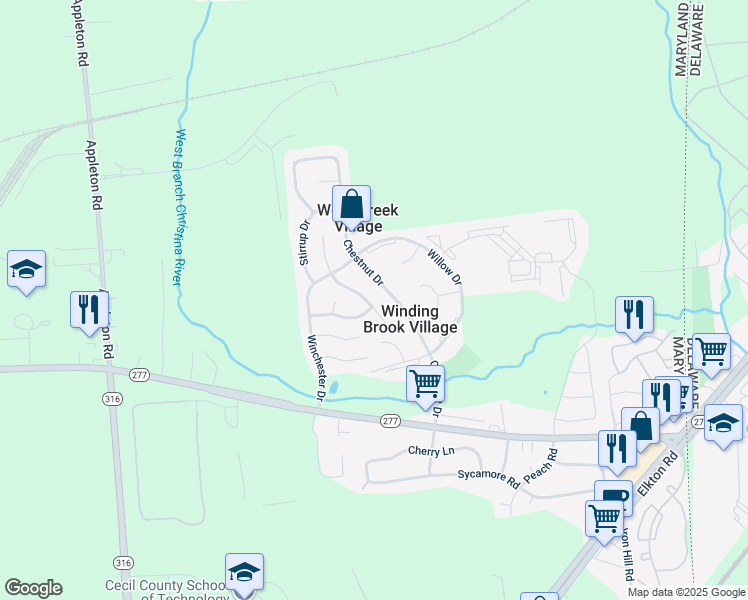 map of restaurants, bars, coffee shops, grocery stores, and more near 52 Navaho Trail South in Elkton