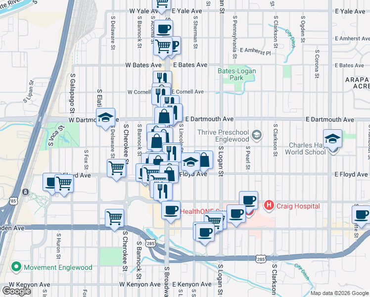 map of restaurants, bars, coffee shops, grocery stores, and more near 3203 South Lincoln Street in Englewood
