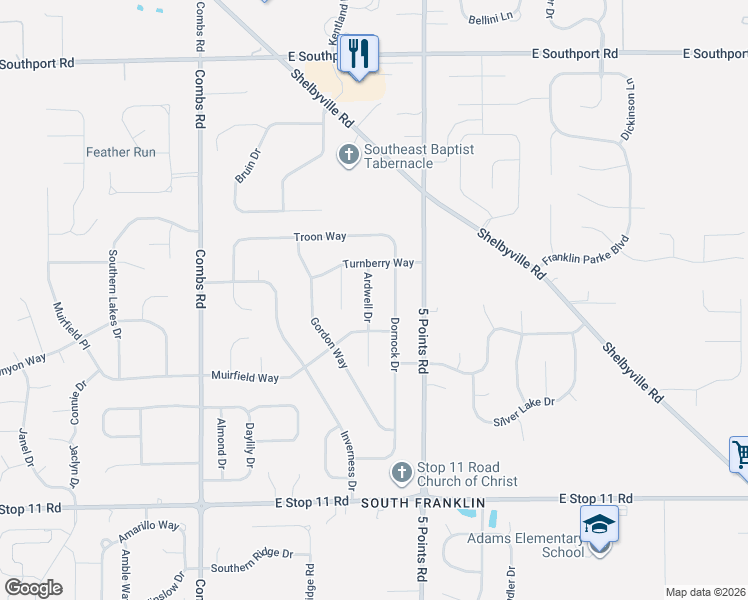 map of restaurants, bars, coffee shops, grocery stores, and more near 7530 Dornock Drive in Indianapolis