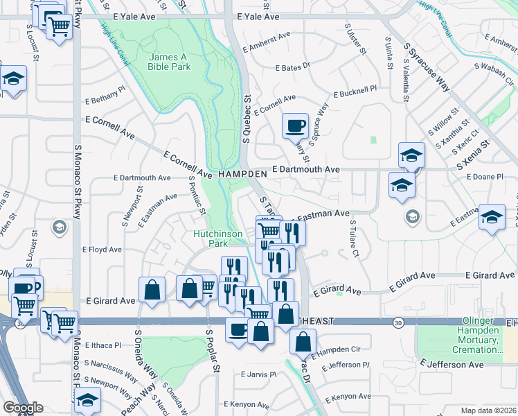 map of restaurants, bars, coffee shops, grocery stores, and more near 3141 South Tamarac Drive in Denver