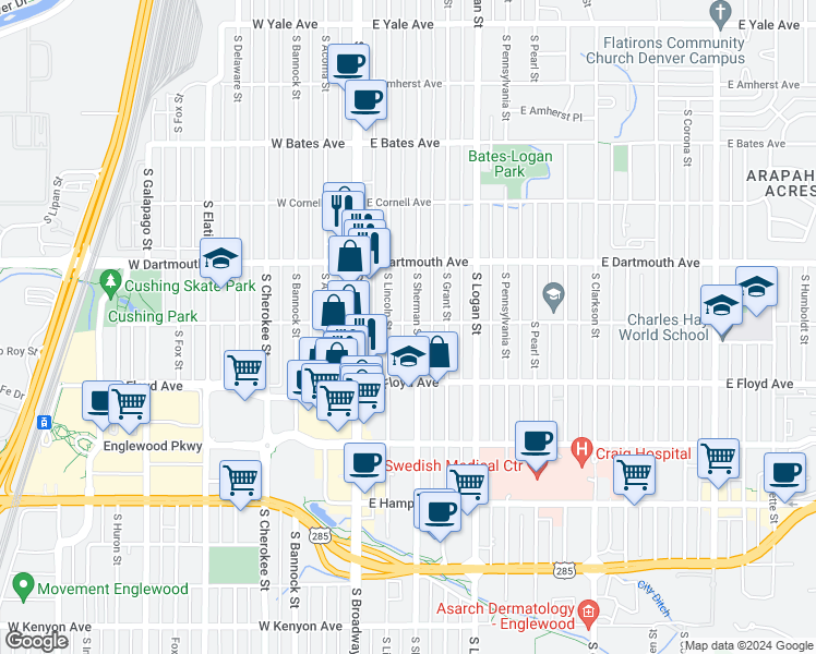 map of restaurants, bars, coffee shops, grocery stores, and more near 210 E Eastman Ave in Englewood