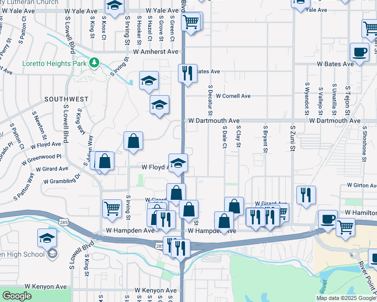 map of restaurants, bars, coffee shops, grocery stores, and more near 3195 South Decatur Street in Denver