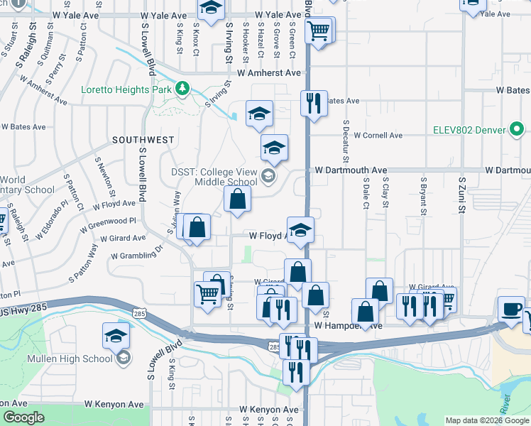 map of restaurants, bars, coffee shops, grocery stores, and more near 3131 South Federal Boulevard in Denver